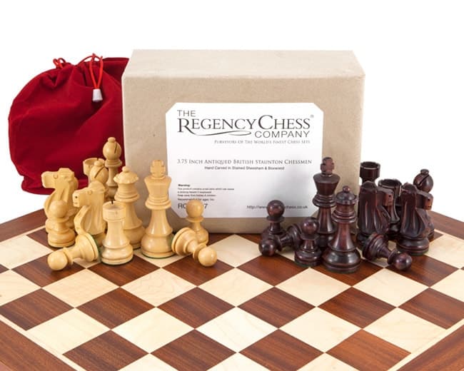 Antiqued British Mahogany Chess Set with Staunton pieces on a European made Mahogany and Maple chess board with box and red storage bag