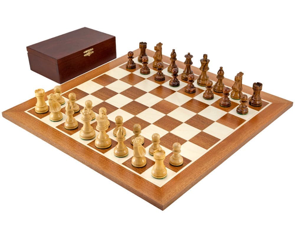 French Knight Sheesham Mahogany Chess Set with weighted Staunton chessmen on mahogany and maple board, 19 inch, with wooden box