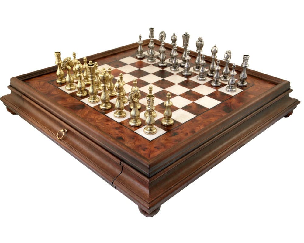 Maghreb Brass and Briarwood Chess Cabinet with sliding drawer and brass and silver chess pieces on Maple board. Crafted in Italy.