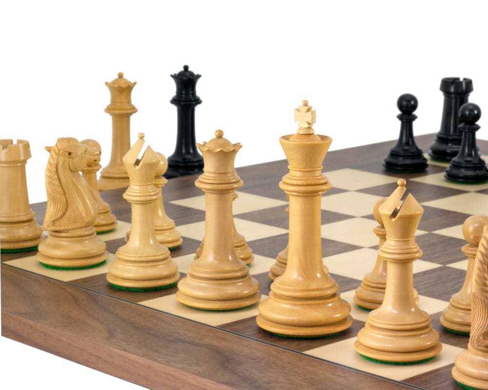 Parthenon Grand Ebony and Walnut Chess Set with Staunton style pieces on luxury board