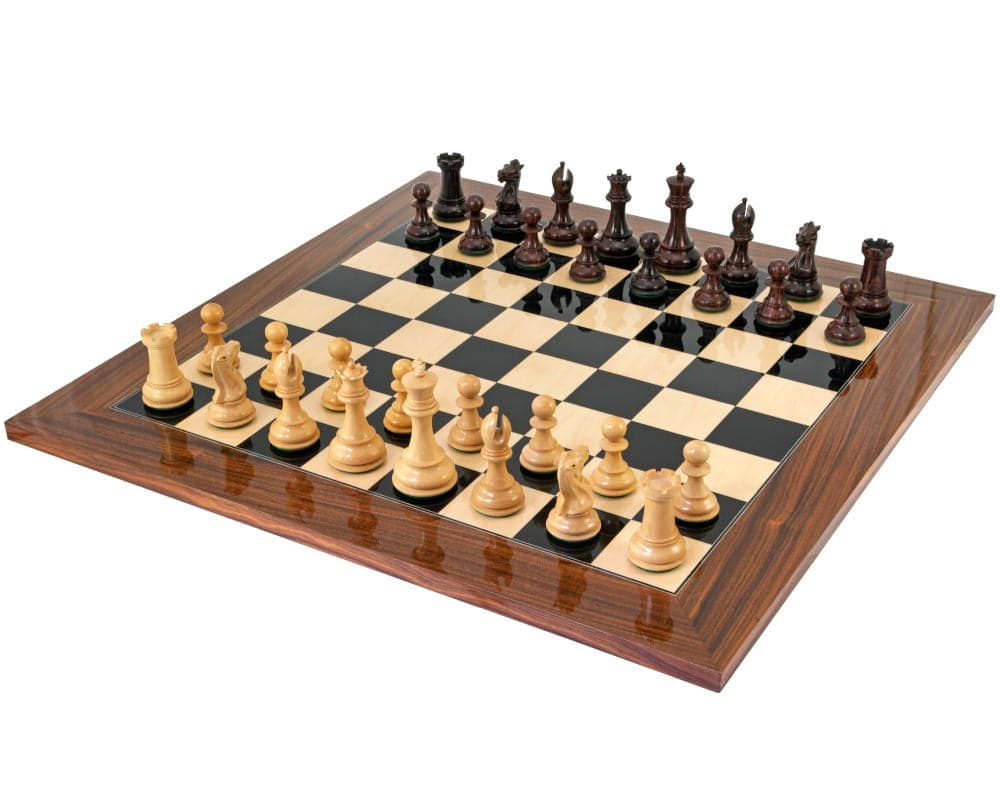 Luxury Sandringham Grand Rosewood Chess Set with high gloss Rosewood Palisander and black Anegre chess board.