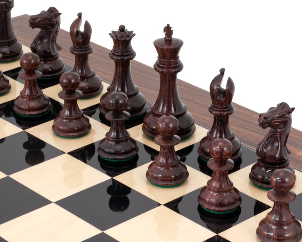 Sandringham Grand Rosewood chess set with luxury Indian Rosewood chessmen and high gloss Rosewood Palisander and black Anegre chess board.