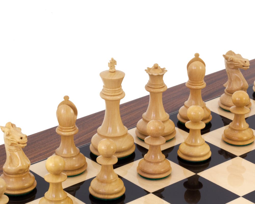 Sandringham Grand Rosewood Chess Set luxury chessmen on a high gloss Rosewood Palisander and black Anegre chess board.