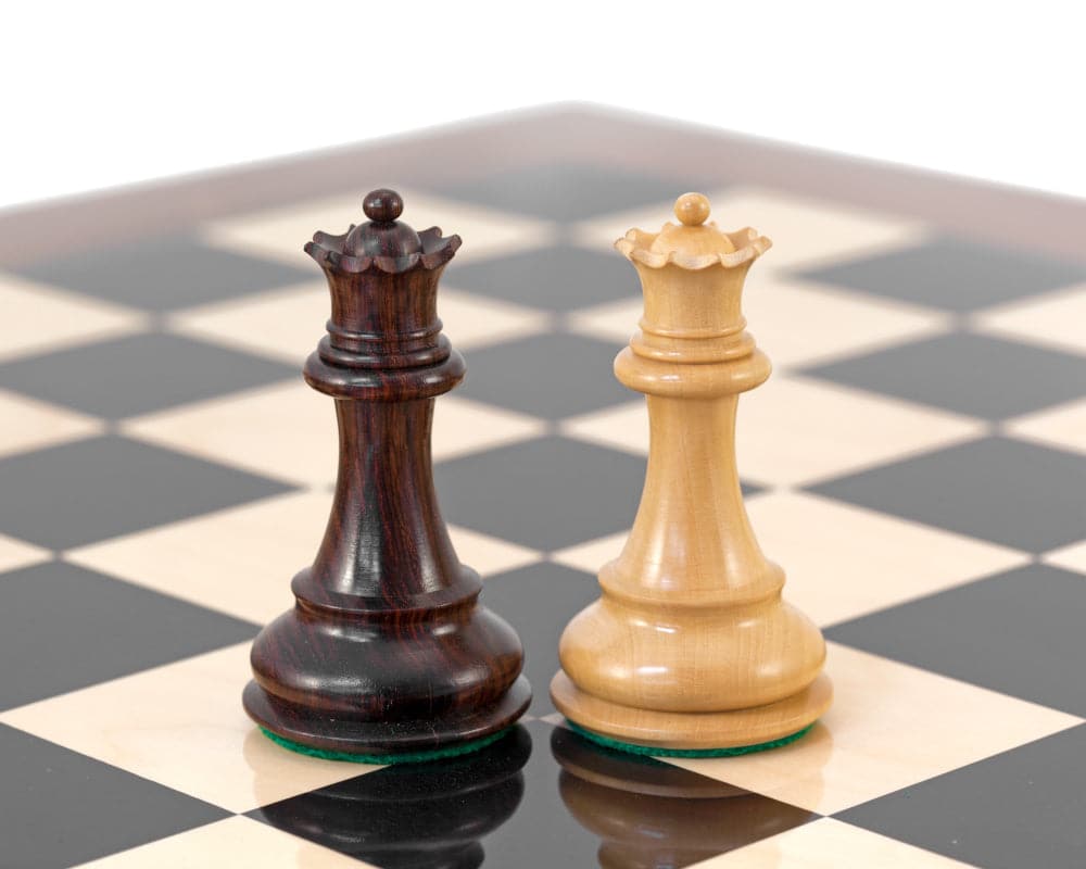 High gloss Rosewood and black Anegre chess board with Sandringham Grand Rosewood chess set queens