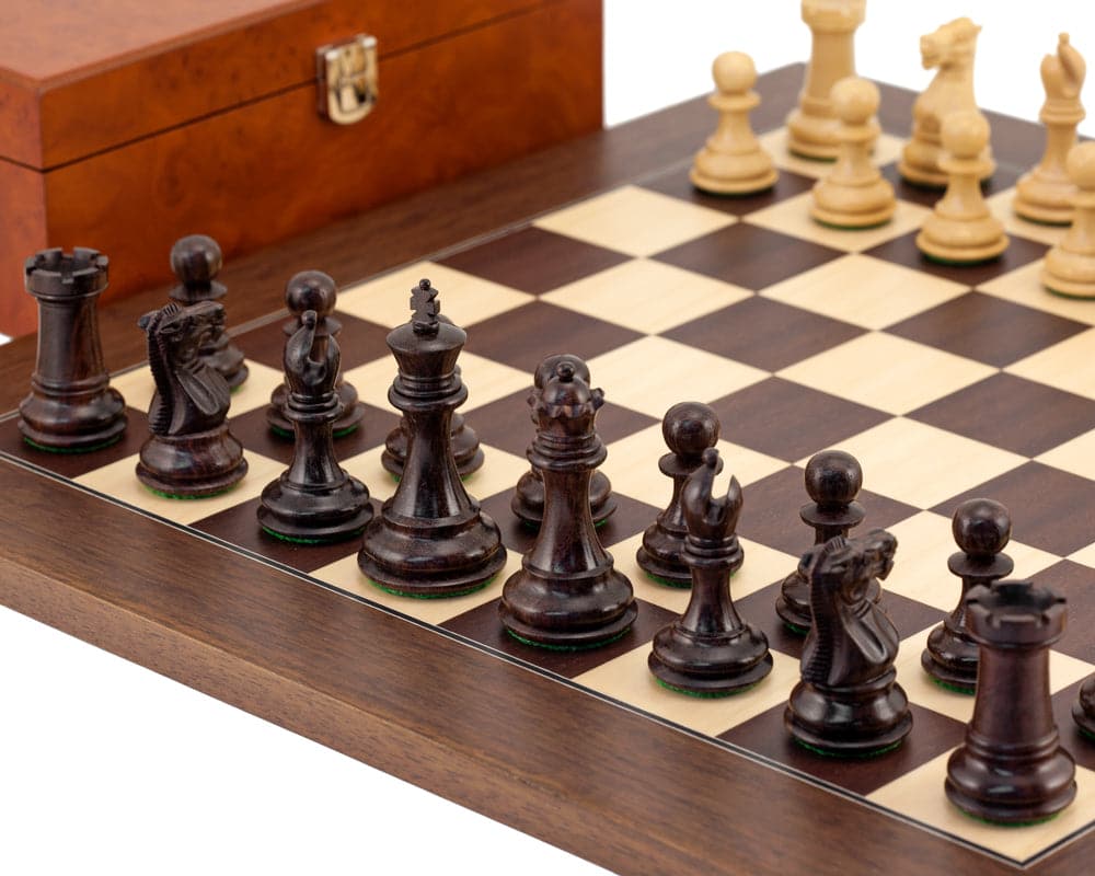 Classic Windsor Rosewood and Montgoy Palisander Chess Set with 3 inch king, handcrafted pieces, luxurious board, and burl effect case