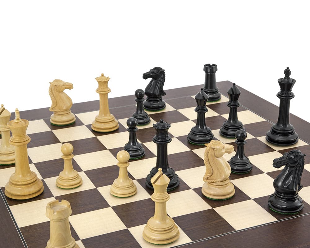 Parthenon Rosewood and Ebony Chess Set featuring large, elegant Staunton design chess pieces on a checkered board