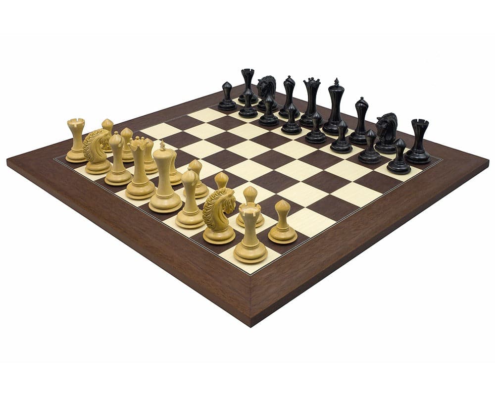 The Empire Knight Ebony Palisander Chess Set on a 21.7 inch Rechapados Ferrer S.A. board featuring elegant Staunton design pieces.