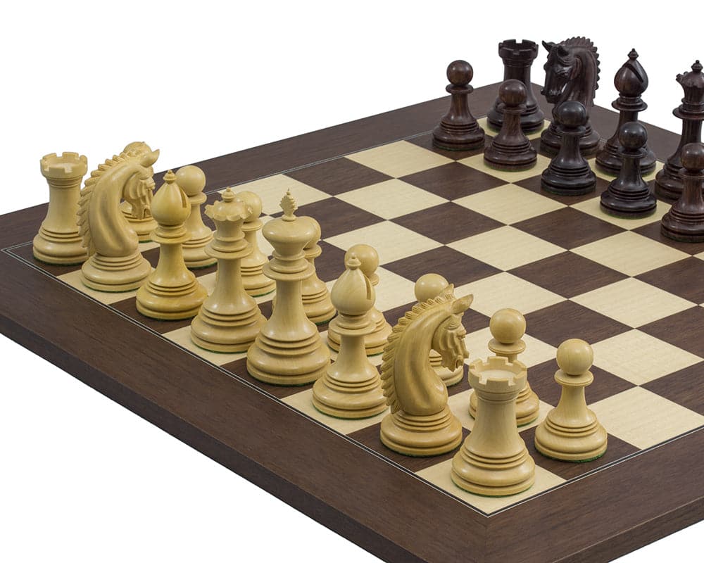 The Lemington Rosewood Palisander Chess Set with 4.25 inch king on Montgoy Spanish board featuring detailed chessmen and deep luxurious tones