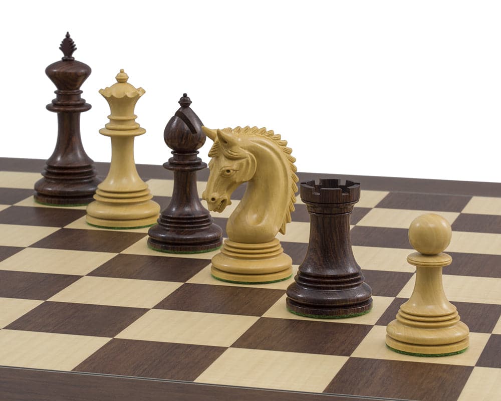 Exquisite chess pieces from The Lemington Rosewood Palisander Chess Set on luxury Montgoy Palisander board, featuring 4.25 inch King.