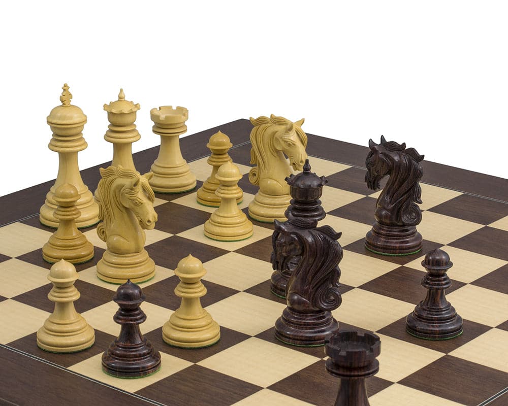 The Kingsgate Rosewood Palisander Chess Set featuring ornate handcrafted pieces on a luxurious 21.7-inch Spanish board.