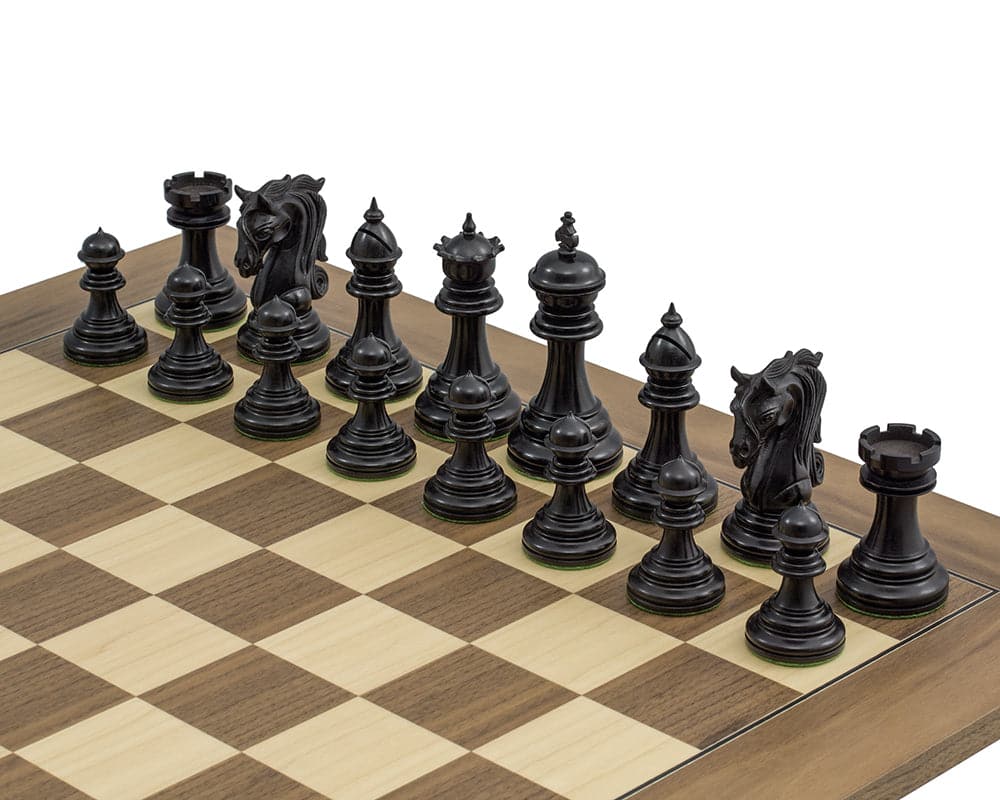 Kingsgate ebony chess set on a deluxe walnut and maple board, featuring ornate chessmen with a 4.25 inch king and two queens.