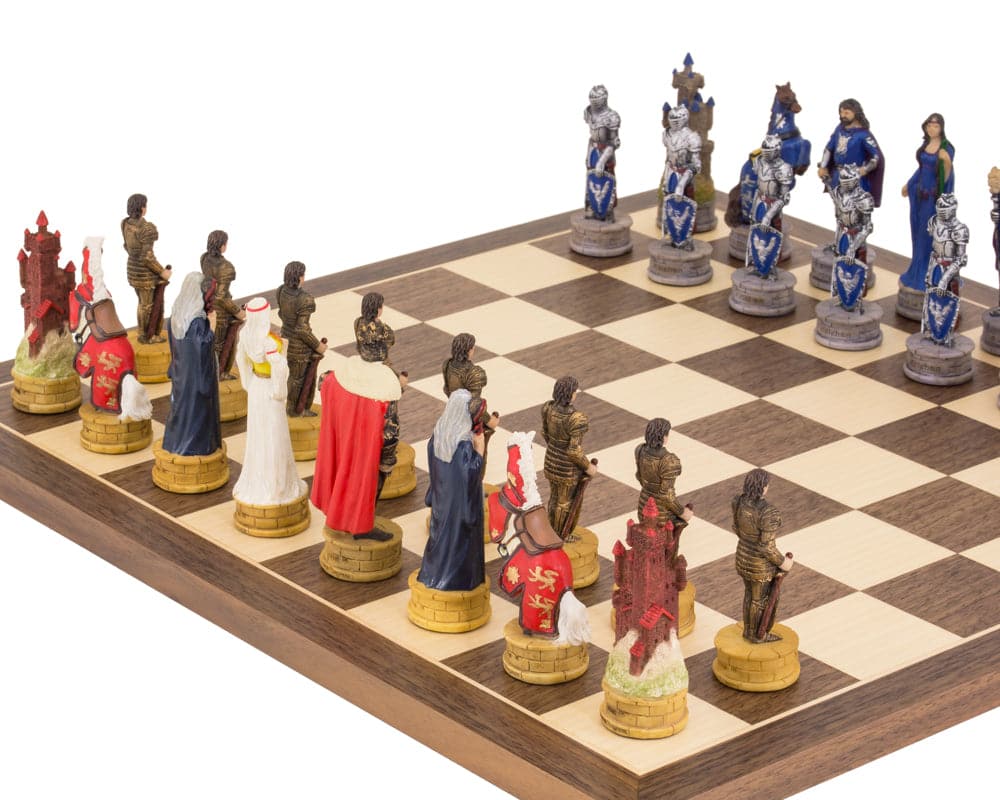 The King Arthur Hand Painted Chess Set on 15.75 inch board, featuring detailed, beautifully crafted pieces made in Italy