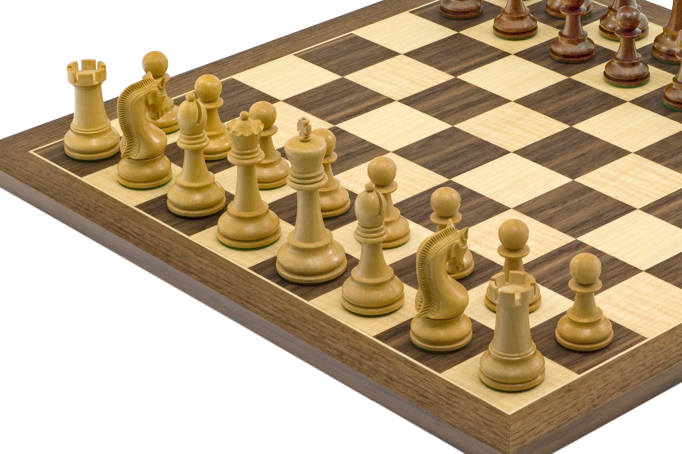 Close-up of The Leningrad Acacia and Walnut Chess Set with 2.75 inch king on 15.75 inch Mahogany Chess Board from Spain