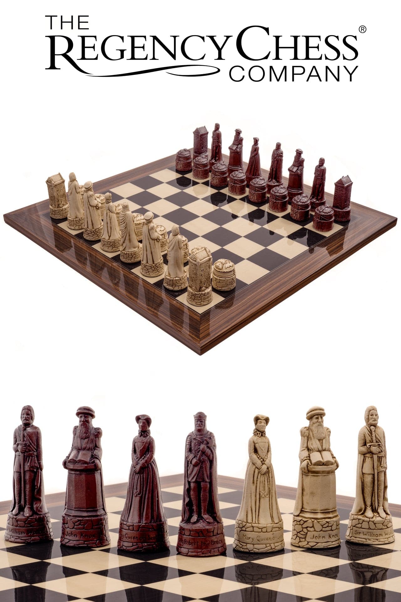 The Berkeley Chess Scottish Russet Palisander Chess Set with stone crushed resin pieces in russet and cream on a Black Anegre and Palisander board.