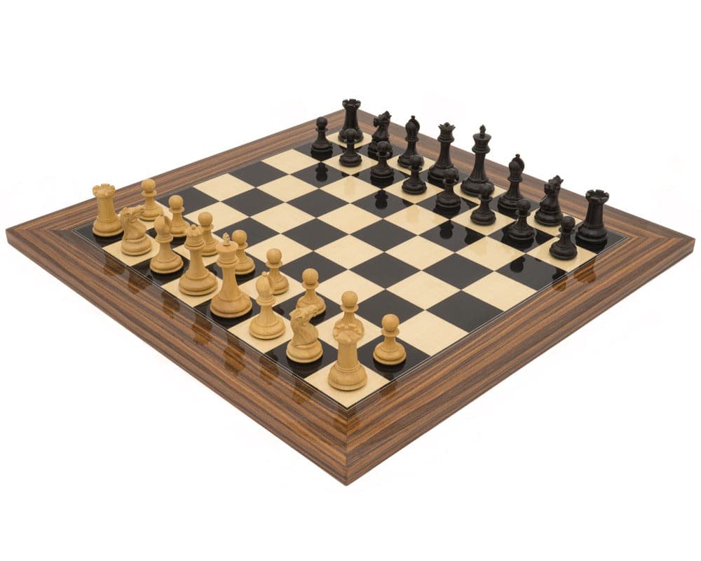 The Sovereign Palisander Staunton Chess Set on Black Anegre and Palisander board, classic design with a 3 inch king and weighted pieces.