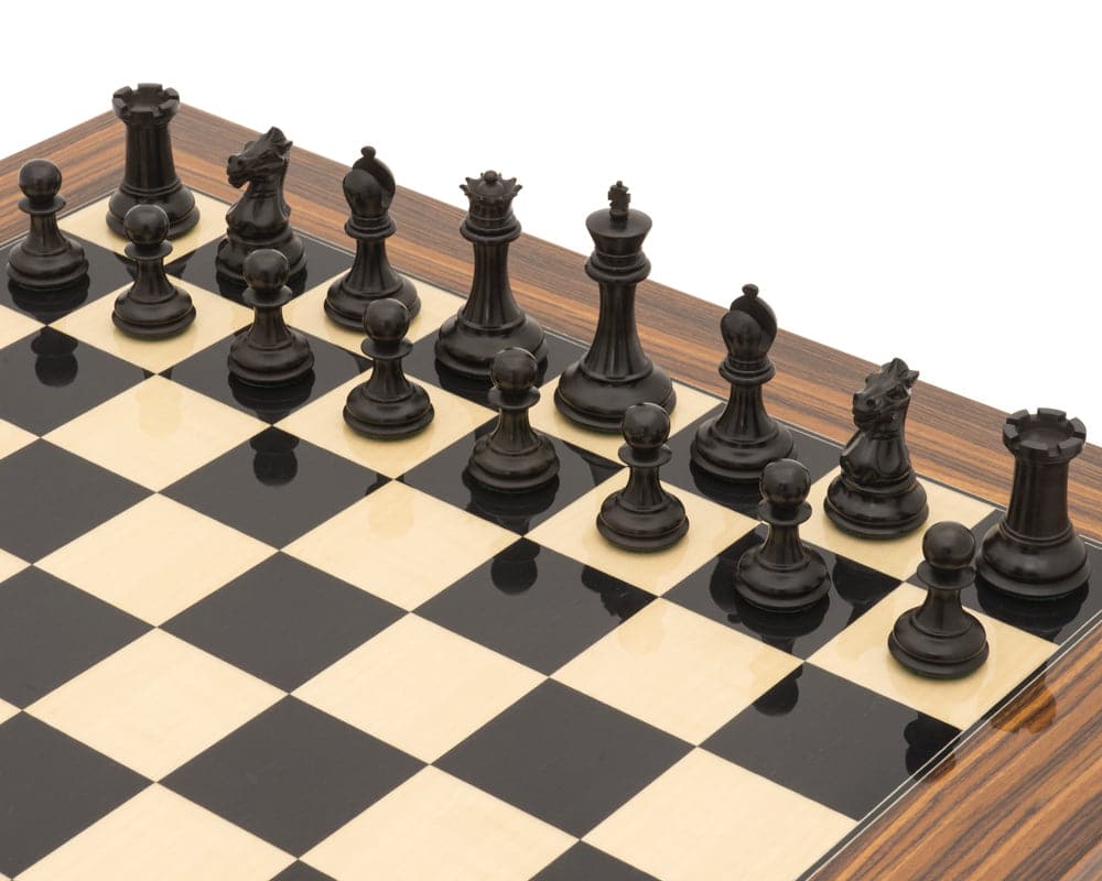 The Sovereign Palisander Staunton Chess Set on 19.7-inch black anegre board, featuring 3-inch king and hand-crafted natural and ebonized boxwood pieces.