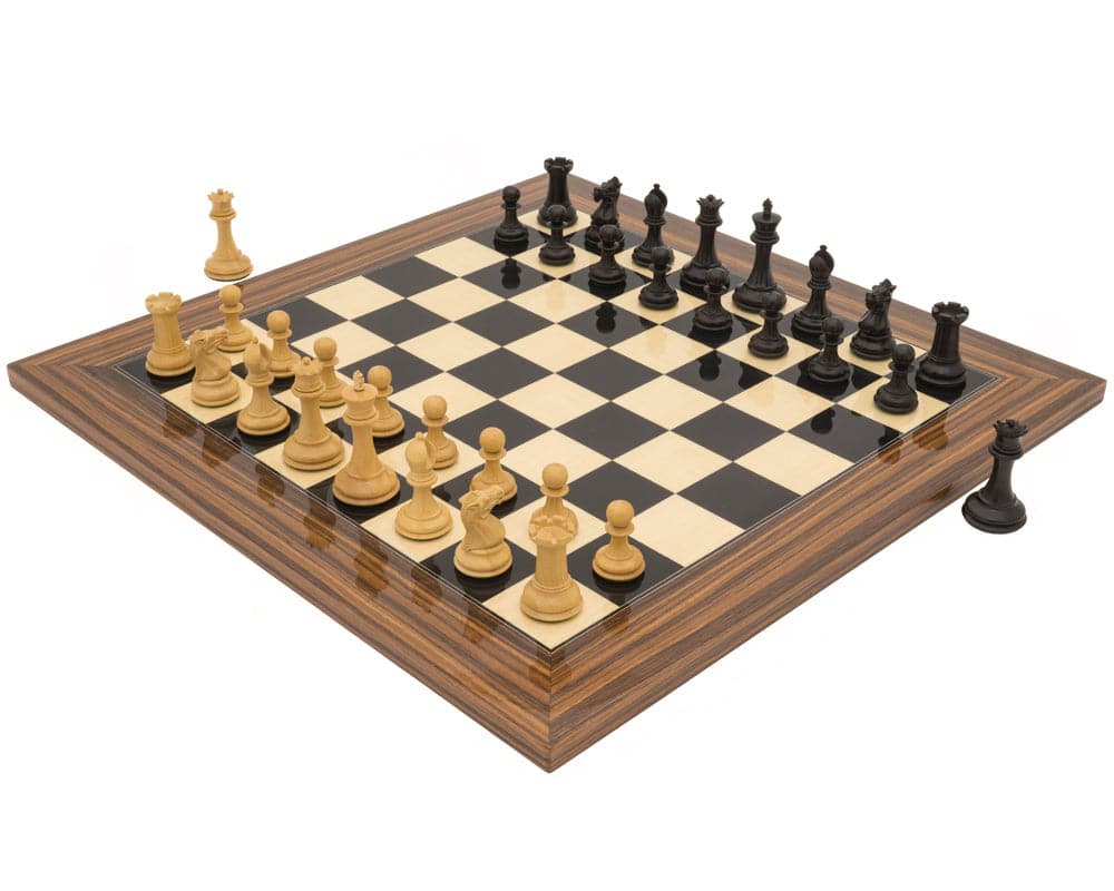 The Sovereign Palisander Staunton Chess Set on Black Anegre and Palisander board with 3-inch king and billiard cloth bases