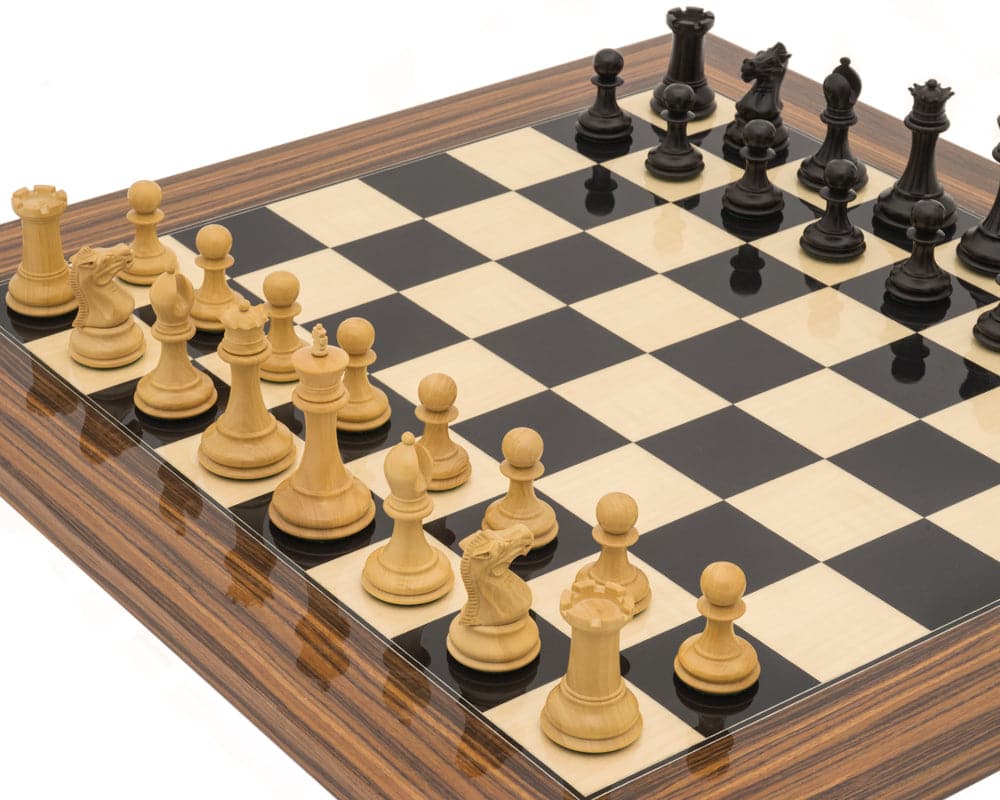 The Sovereign Palisander Staunton Chess Set with 3 inch king on a 19.7 inch Black Anegre and Palisander board, luxury chess pieces.