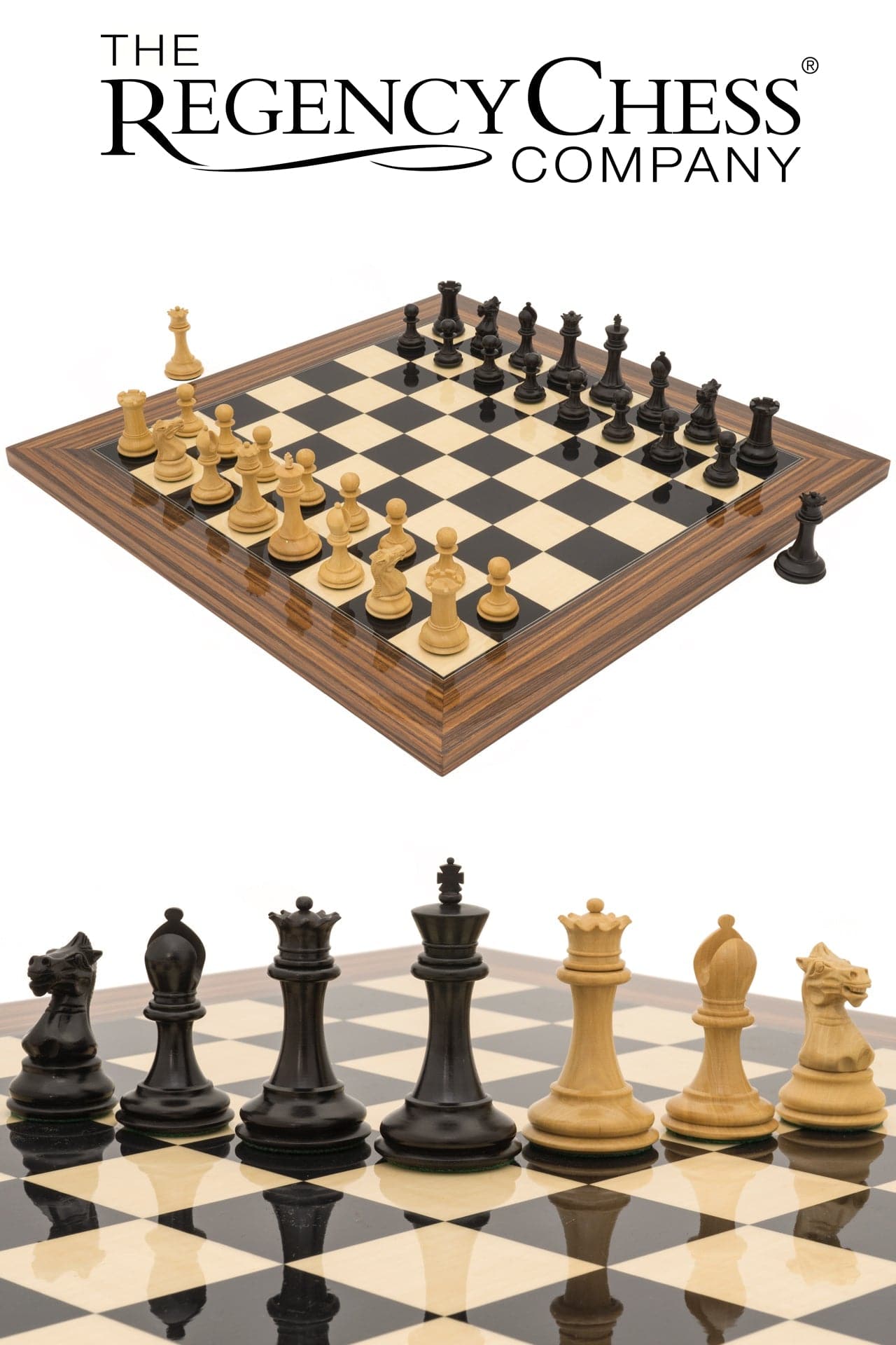 The Sovereign Palisander Staunton chess set with black and white pieces on a luxurious Black Anegre board by Regency Chess Company