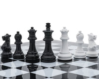 Monochrome luxury chessmen by Italfama on a green and gold leatherette chessboard with backgammon on reverse