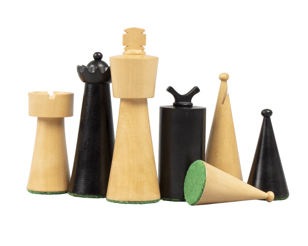 The Art Deco Black Chess Set featuring uniquely designed black and wooden chess pieces on a white background.