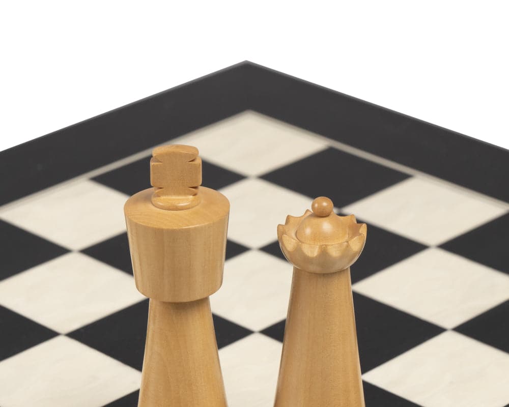 Art Deco Black Chess Set with detailed wooden King and Queen pieces on black and white board