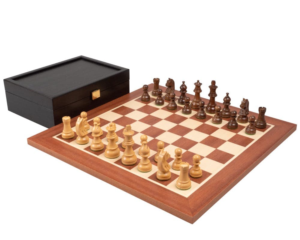 The Down Head Acacia Championship Chess Set with Acacia wooden chessmen, mahogany board, and storage case.