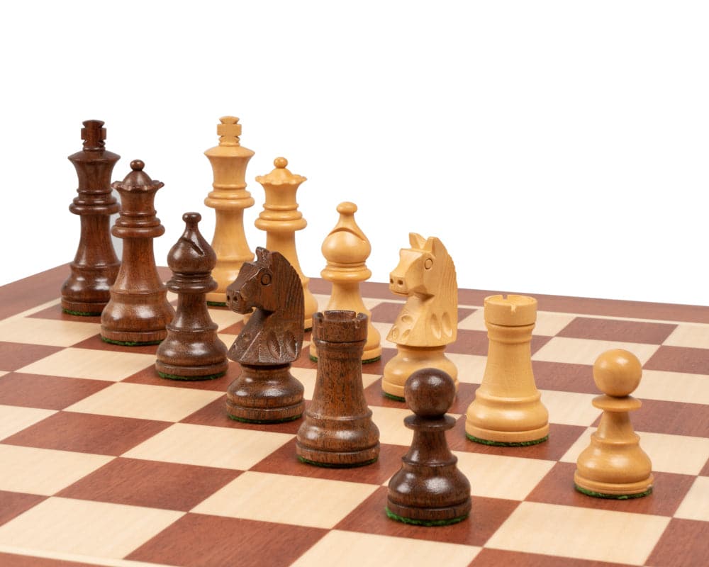 The Down Head Acacia Championship Chess Set with acacia and mahogany wooden chessmen on a mahogany chess board