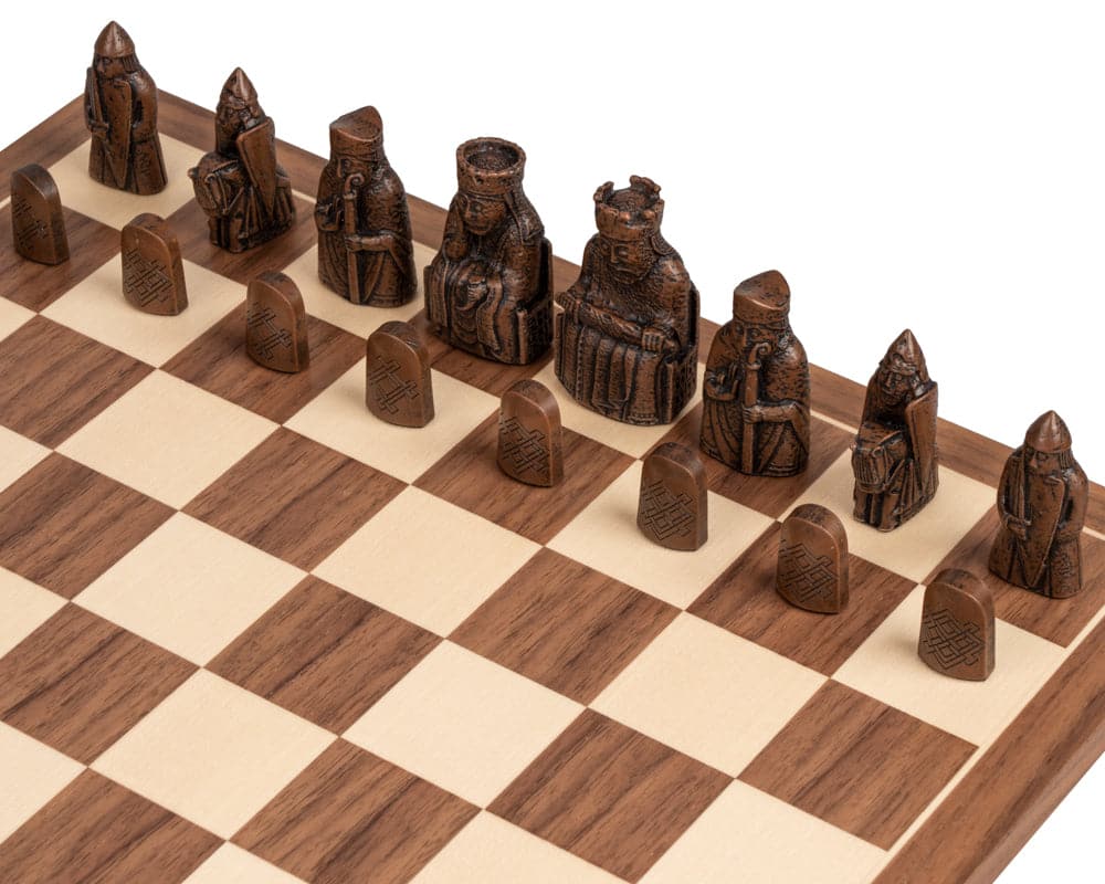 Isle of Lewis and Walnut Deluxe Chess Set with presentation case on stunning Walnut chess board.