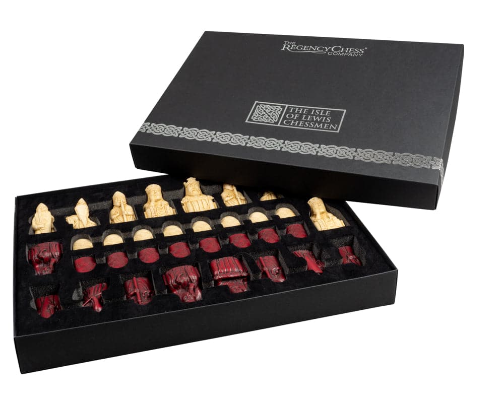 The Isle of Lewis black and red chess set in gift packaging with cream chessmen, made in England.