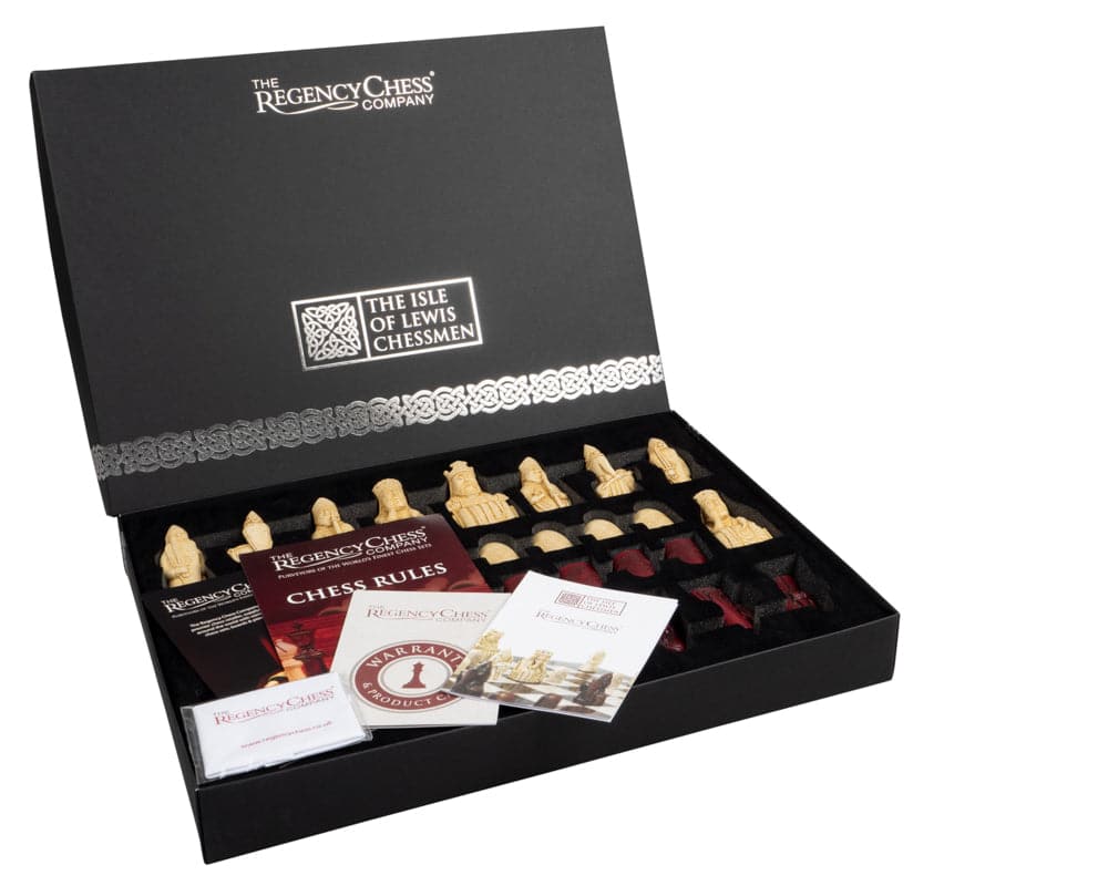 Isle of Lewis black and red chess set in gift packaging with chess pieces made in England and detailed chess rules booklets