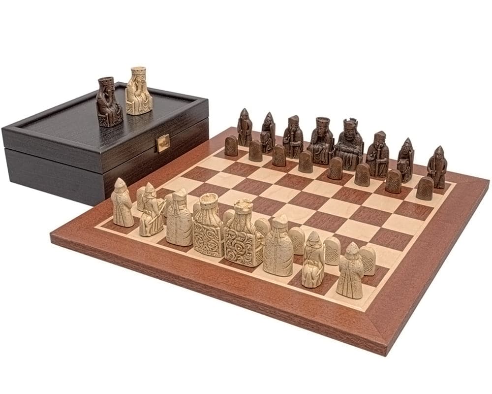 The Regency Isle of Lewis and Mahogany Chess Set with leatherette chess board, box, and artisanal chess pieces. Made in Italy.