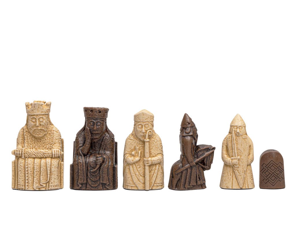 Regency Isle of Lewis and Mahogany Chess Set pieces with artisanal detail, featuring a 2.8 inch king.