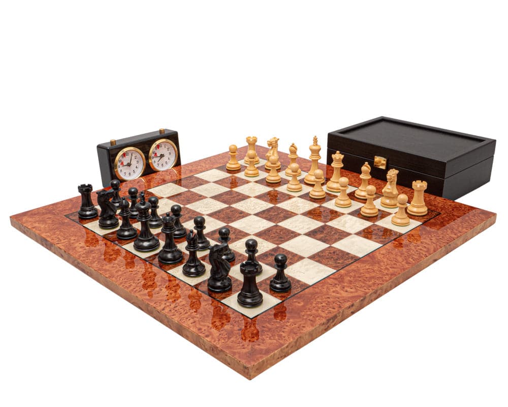 Highgrove Ebony and Briarwood Luxury Chess Set with ebony and boxwood Staunton chess pieces, briarwood board, and chess clock.