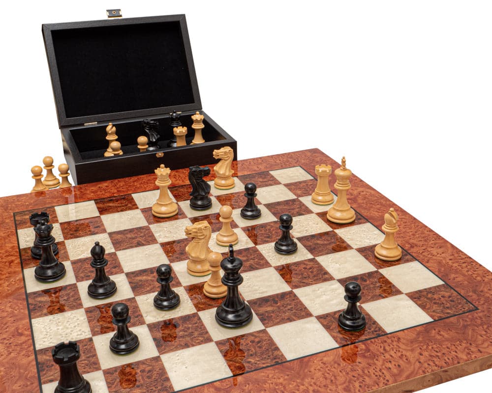 The Highgrove Ebony and Briarwood Luxury Chess Set with handcrafted pieces on a polished 20.5 inch board with 1.9 inch playing squares.