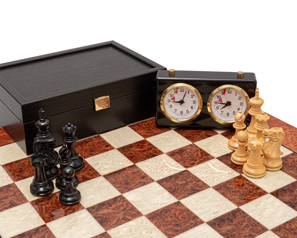 Highgrove Ebony and Briarwood Luxury Chess Set with cloche, handcrafted chess pieces, and felted base on a 20.5 inch board.