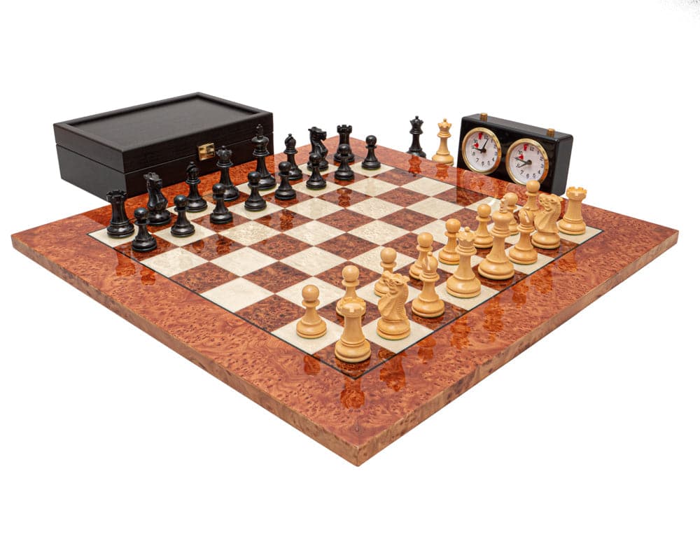 The Highgrove Ebony and Briarwood Luxury Chess Set with beautifully handcrafted ebony and boxwood pieces on a 20.5 inch Briarwood board.