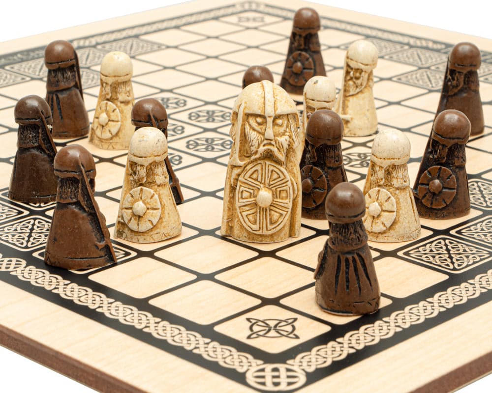 Viking themed Hnefatafl game pieces on a 15.75 inch inlaid mahogany board with notation markings