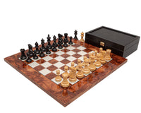 Luxury Highgrove Briarwood and Black Chess Set with Staunton pieces, 3-inch king, 16.75-inch Italian board, boxwood carving, and Greek case.