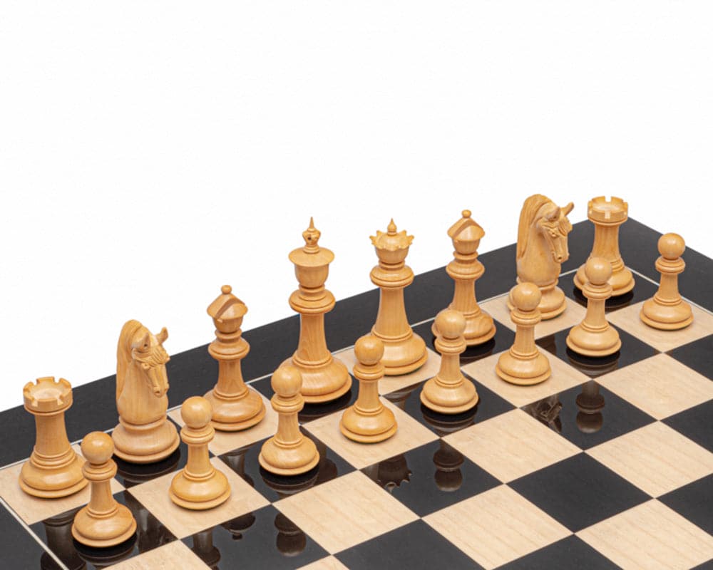 Natural wood chess pieces on a Black Anegre chess board with 2.36 inch squares from The Blackburne Ebony and Black Anegre Chess Set