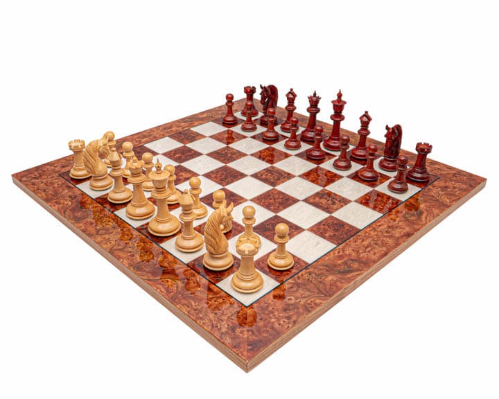 The Blackburne Padauk and Briarwood Luxury Chess Set with high gloss Italian board and handcrafted pieces.