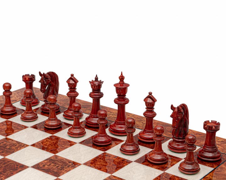 The Blackburne Padauk and Briarwood Luxury Chess Set on high gloss 23.6 inch Italian board. Handcrafted exquisite detail.