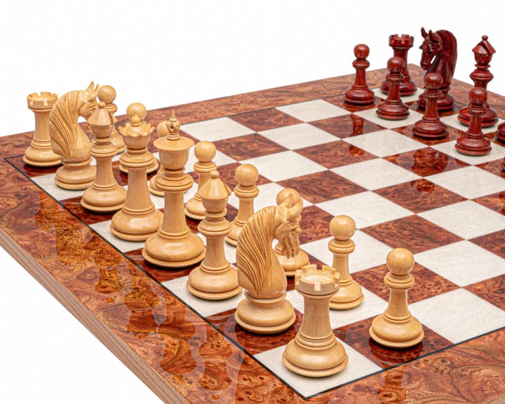 The Blackburne Padauk and Briarwood Luxury Chess Set on a high gloss 23.6 inch board with 2.36 inch playing squares.