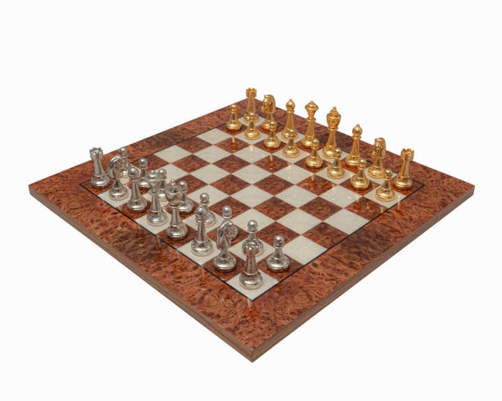 Luxurious Messina Gold and Briarwood Italian Chess Set with gold and silver plated pieces on briarwood and elm board