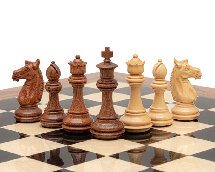 The Trapani Golden Rosewood, Black Anegre and Palisander Chess Set with 3.35 inch king on high gloss 19.7 inch board