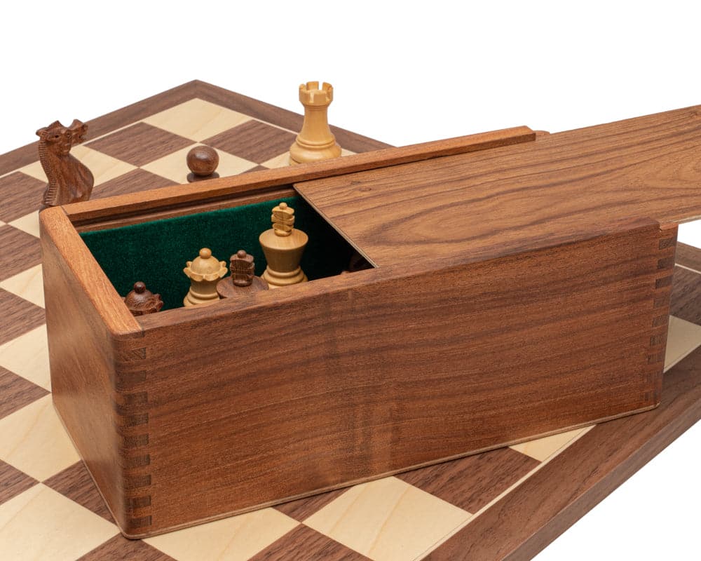 Solid wooden chess piece case on beautifully crafted 21.7 inch Walnut and Maple chess board with Staunton chess pieces.