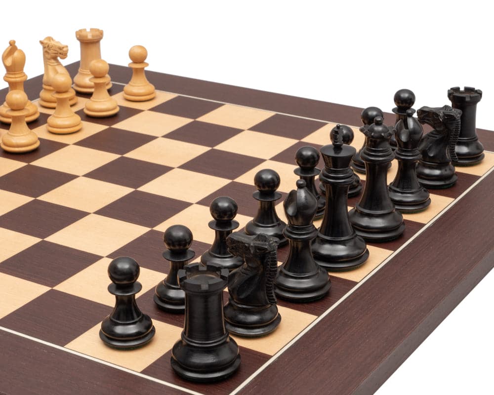 The Sovereign Ebony and Wenge Luxury Chess Set with Staunton design, black and white pieces, and a 17.75 inch board with 1.75 inch squares.