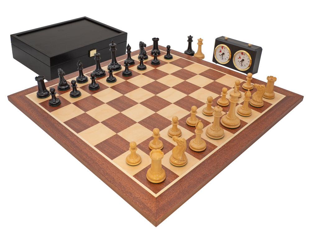 The JJ Cooke Edition Black and Mahogany Chess Set complete with Case and Clock