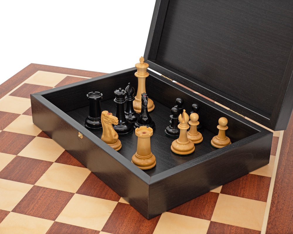 The JJ Cooke Edition Black and Mahogany Chess Set complete with Case and Clock