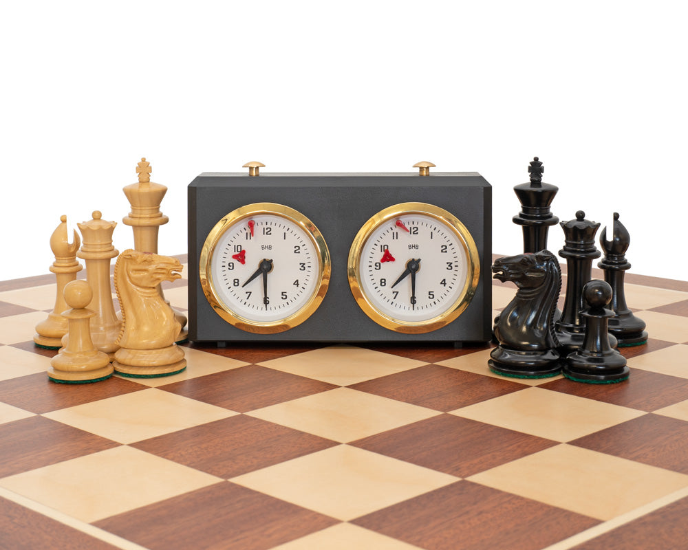 The JJ Cooke Edition Black and Mahogany Chess Set complete with Case and Clock